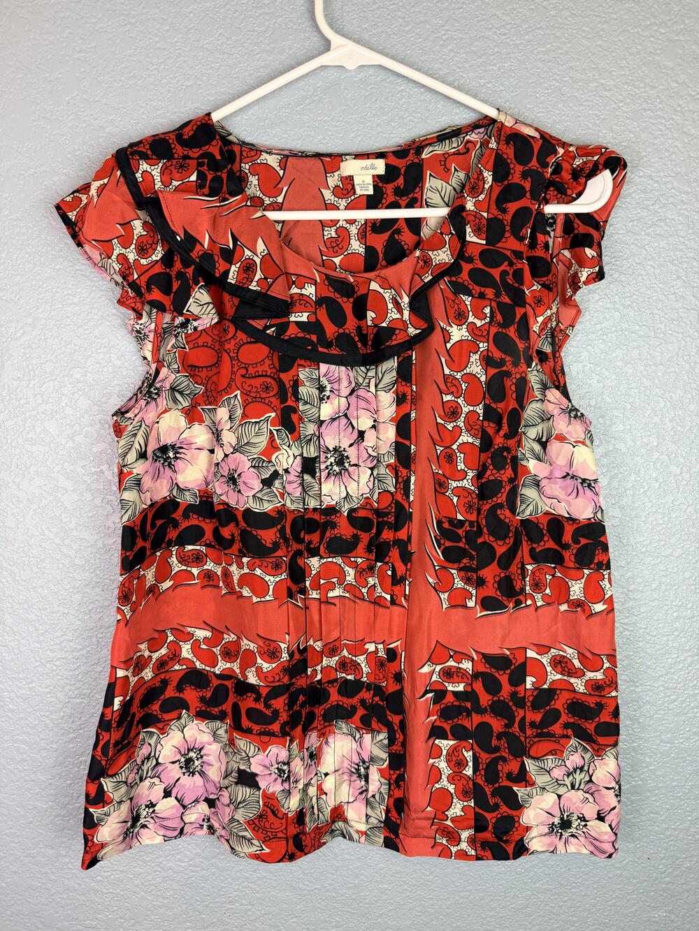 Odille Blouse Womens 6 Multicolor Floral Silk Ruffle Flutter Sleeve Boho Top